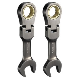 HARFINGTON 2Pcs Flex Head Stubby Ratcheting Combination Wrench 15mm Metric 72-Teeth CR-V Steel Nickel Plated Flex-Head Ratchet Wrench for Fasteners Nut Bolt