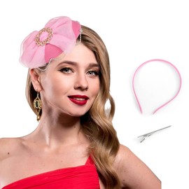 Bohend Fascinator Hat Flower Pillbox Vintage Derby Hats Tea Party Wedding Hair Accessories with Rhinestone for Women and Girls, pink