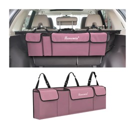 Hanemia Car Trunk Organizer, Backseat Hanging Storage with 4 Large Pockets, Collapsible Cargo Bag with Adjustable Straps Frees Trunk Floor, Sturdy Space Saving Expert for SUV, Truck, Van (Pink)