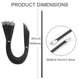Aroono 25PCS 304 Stainless Steel Zip Ties-Heavy Duty, 40 inch Self-Locking Cable Ties-Black, Supports up to 180 lbs, Extra Large Cable Zip Ties, Ideal for Machinery, Vehicles, Cables, Pipes.