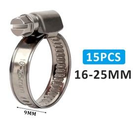 15 Pieces Hose Clamp Set, Adjustable Stainless Steel Pipe Clamps, 16-25mm Hose Clamp Assortment Kit for Home Gas Pipe, Water Pipe, Washing Machine, Vehicle