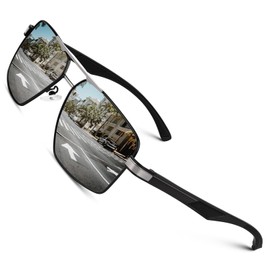 CGID Premium Al-Mg Alloy Square Polarised Aviator Glasses, UV400 Flexible Spring Hinges Sunglasses Men Women, Black frame silver mirrored lens