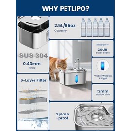 Cat Water Fountain Stainless Steel for Cats Indoor by BPA-Free SUS304, Effective 6-Layer Filter Cat Fountains for Drinking 2.5L 85oz 20dB Ultra Quiet Soft Flow Metal Pet Water Fountain