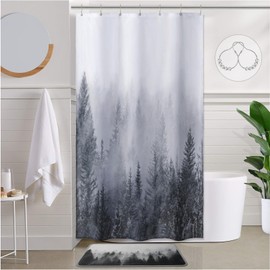 ORTIGIA 36x72 Misty Forest Stall Shower Curtain for Small Bathroom, Grey Half Size Narrow Nature Woodland Shower Curtain Set with Hooks, Waterproof Fabric Pine Tree Fog Magic Home Bath Curtain