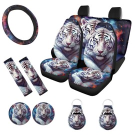 ZFRXIGN White Tiger Car Seat Covers Full Set for Women Men Car Steering Wheel Cover, Galaxy Car Accessories Front Back Seats Covers,Seat Belt Pads, Coaster,Keychains SUV Trunk Interior Set Decor