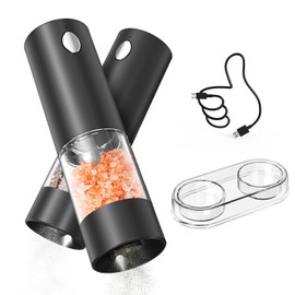 CIRCLE JOY Electric Salt and Pepper Grinder Set Rechargeable Salt and Pepper Mills with Storage Base, Adjustable Coarseness and White LED Light, Washable 95ml Container, Black