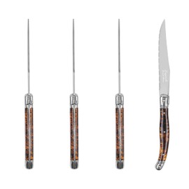 French Home Laguiole Connoisseur 4-Piece Steak Knife Set –Stainless Steel Dinner Knives with Tortoise Shell Handles, Etched Detailing & Napoleon Bee Emblem – Serrated Knives for Smooth Cutting (9.25")