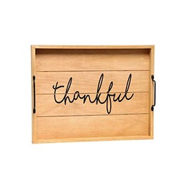 Elegant Designs HG2000-NTF w-Handles Decorative Serving Tray, 15.5" x 12", Natural Wood Thankful