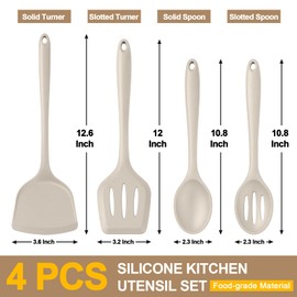 P&P CHEF Cooking Utensil Set of 4, Khaki Non-stick Silicone Kitchen Utensils, Heat-proof Slotted Solid Spoon Turner for Frying, Mixing, Serving, Heathy & Dishwasher Safe
