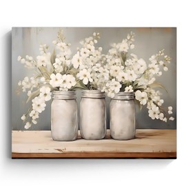 Valentine's Day Canvas Wall Art Decor - Mason Jars with White Flowers, Floral Print, Vintage Aesthetic, Cozy Romantic Artwork for Home Decor, Bedroom, Living Room Wall Decoration 11X14 inch