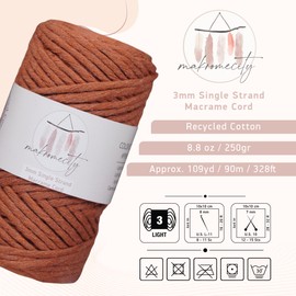 Makromecity, Single Strand Macrame Cord 3 mm x 100 Yards (300 feet) 3mm Single Twisted Brick Cotton Cord for Macrame Art & Crafts for Wall Hangings Recycled Cotton Cord Yarn DIY (Brick, 1 Skein)