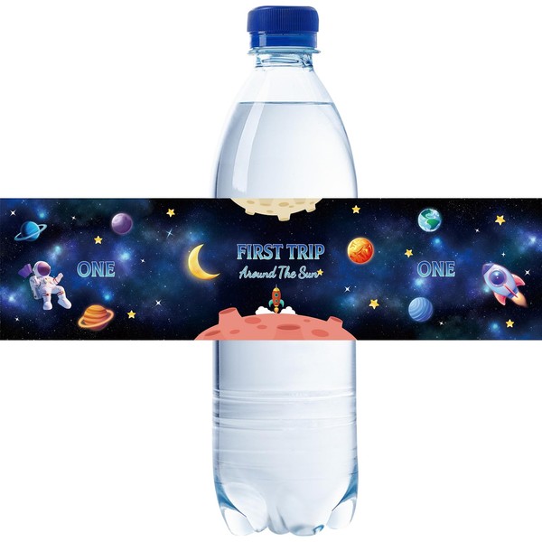 Blue First Trip Around The Sun Water Bottle Labels, 1st Birthday Bottle Wrappers for Space Theme Baby Shower, It's My 1st Birthday Water Bottle Stickers, Cheers to One Year Old Party Decorations - Set