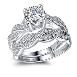 MABELLA 925 Solid Sterling Silver Matching Bridal Set Wedding Engagement Rings Clear Round Cubic Zirconia Eternity Ring for Women Size 8