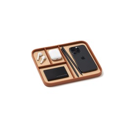 Nordik - Bandeja de piel para silla de montar - café - Bandeja de noche de piel vegano elegante y organizada para hombres - Bandeja EDC Catchall para llaves, reloj, billetera, joyas, moderno carrito de noche