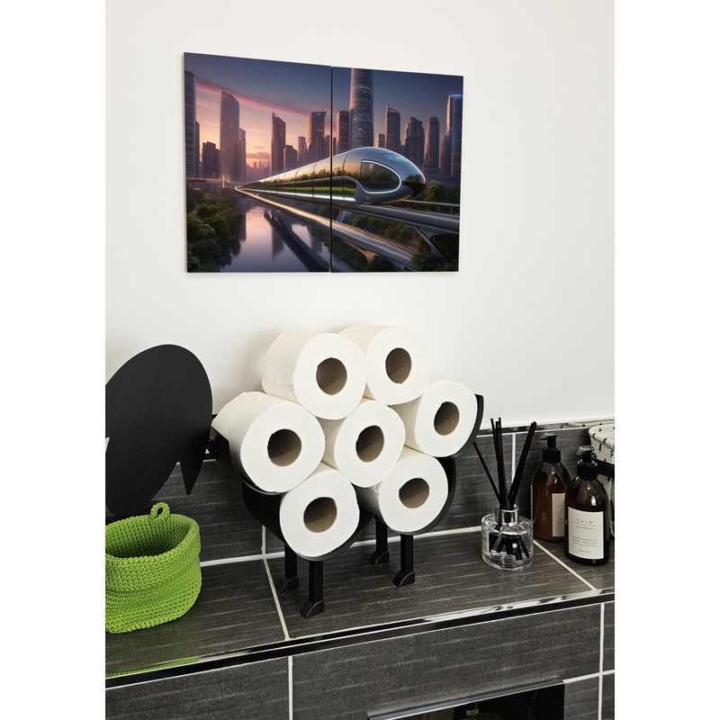 The Plum Penguin Futuristic Cityscape A4 Wood Wall Art -