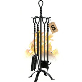 Gtongoko 35 Inch Fireplace Tools Set 5 Pcs Black Wrought Solid Iron Large Fire Tool Set for Outdoor/Indoor Include Chimney Poker, Rustic Tongs, Shovel, Antique Brush and Stand Accessories Set