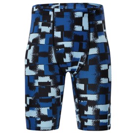 BELEROY Boys' Swim Jammers Competitive Swim Team Suit Quick Dry Bathing Suit Youth Kids Athletic Swimming Shorts UPF 50+(Blue Square,S)