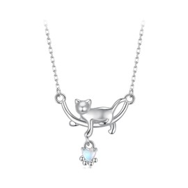 Kerraom Cat Necklace Silver Chain with Moonstone & Paw Print, 925 Sterling Silver Necklace with Crescent Moon Paw Pendant, Women's Necklace, Cute Gift for Cat Lovers, Silver, Cubic Zirconia
