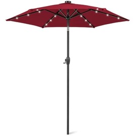 Heavy Duty Burgundy Outdoor Patio Umbrella With Solar Lights 7.5 FT For Deck Pool With Push Button Tilt | Steel Pole With 6-Rib Steel Frame UV Weather Resistant | Stable Air Vent User Friendly
