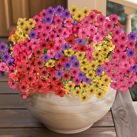 14 Bundles Artificial Flowers UV Resistant for Patio Outdoors Fake Faux Silk Plants Realistic Plastic Flowers Indoors Porch Window Home Decoration (14, Mixed Fuchsia Purple Yellow Red)