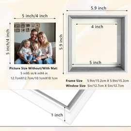 Epecfan Double Hinged 5x5 Picture Frame with Real Glass in WhiteGrey- Display 4x4 with Mat or 5x5 without Mat, Foldable Photo Frame for Tabletop, Nice Gift for Family & Wedding Memories(PS006-GYB5)