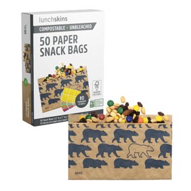 Lunchskins Compostable Snack Bags – 50 Count | Bear Design | Eco-Friendly Food Storage Bags Made from Unbleached Kraft Paper with Recyclable Resealable Stickers