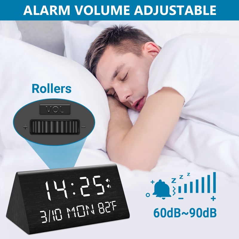 Kogonee Wooden Digital Alarm Clock, 0-100% Dimmer, 2 Alarm Settings,