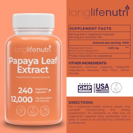 Papaya Leaf Extract 10:1 Supplement 12000mg - 240 Vegetarian Capsules, 4-Month Supply, from Carica Papaya for Blood Platelet Production & Digestive Function, Organic, GMP Certified, Made in USA