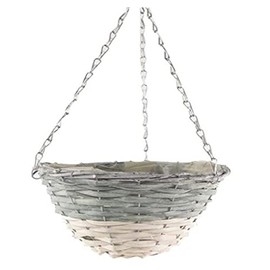 Siam Express 2 x 12 Garden ROUND Shaped Wooden Hanging Baskets Grey/White Indoor Outdoor Planter Weave Rattan Wicker