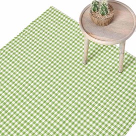 HOMESCAPES 100% Cotton Checkered Gingham Rug Handwoven Lime Green 60 x 90 cm Check Rug for Living Room Bedroom and Hallway