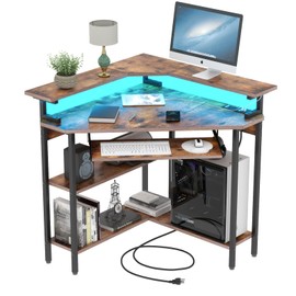 Triangle Corner Desk with Charging Station and LED Light for Small Space