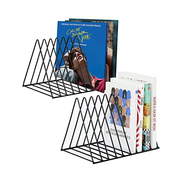 2 Pack Triangle Desktop Magazine File Holder Rack, Sturdy 9 Slot Iron Vinyl Record Holder Storage Book Sorter Organizer Bookshelf for Office Home Decoration (Black)