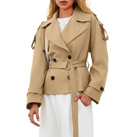 Tankaneo Womens Cropped Trench Coat Casual Double Breasted Short Jacket Fall Fashion Outerwear with Belt