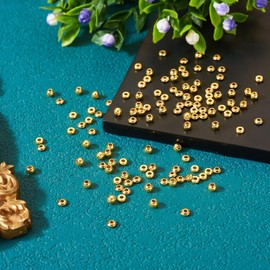 Pandahall 300Pcs 18K Gold Plated Spacer Beads 3mm Gold Rondelle Smooth Jewelry Beads 3 Styles Flat Round Spacer Beads Disc Loose Ball Beads for Christmas Beach Layered Bracelet Jewelry Making