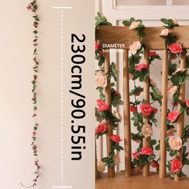 Artificial Flower Garlands, Set of 2 Rose Garlands, Fake Rose Vine Garland, Flower Garland Wedding, Fake Garland, Artificial Flowers Rose Garlands, Hanging Garland for Party Garden Decoration, 8 ft