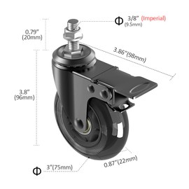 MALLLALA 3" Caster Wheels,Heavy Dudy Swivel Casters Set of 4 (2 with Matel Brake,2 No Brake) 3/8"-16x1"Threaded Stem Casters,No Noise Rubber Wheel Industrial Castor Replacement for Furniture,Cart