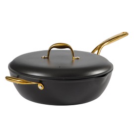 Frok 13" Frying Pan Wok Skillet 4MM Thick Quick Heat Aluminum Cookware w/Aluminum Lid Premium PFA Free Ceramic Nonstick Interior & Heat Resistant Exterior - Induction - Black & Gold