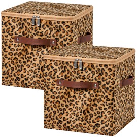 VinneGenzz 2PCS Storage Cubes with Zipper Lid 11 Inch Leopard Print Velvet Fabric Cute Decorative Storage Bins Boxes PU Leather Handles Closet Organizer Container Foldable Washable Shelf Basket