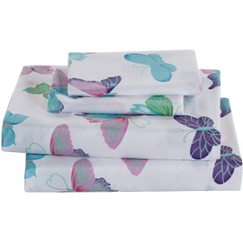 Elegant Home  Purple Turquoise White Pink Green Butterflies Design 4 Piece Printed Sheet Set with Pillowcases Flat Fitted Sheet for Girls/Kids/Toddler (Butterfly, Full)