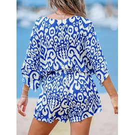 CUPSHE Summer Romper for Women 2024 V Neck Lace Up Abstract Printed Belted Half Sleeves Mini Jumpsuits Wide leg Outfit Blue Abstract, XL