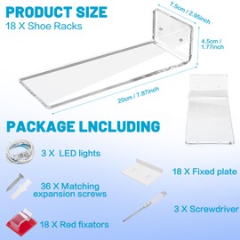 DILIBRA Set of 18 Floating Shoe Display Shelves with Lights, Glow Color Changing Acrylic Shoe Shelf Holder for Wall, Levitating Clear Sneaker Shelves Wall Mounted for Display Your Top Shoe