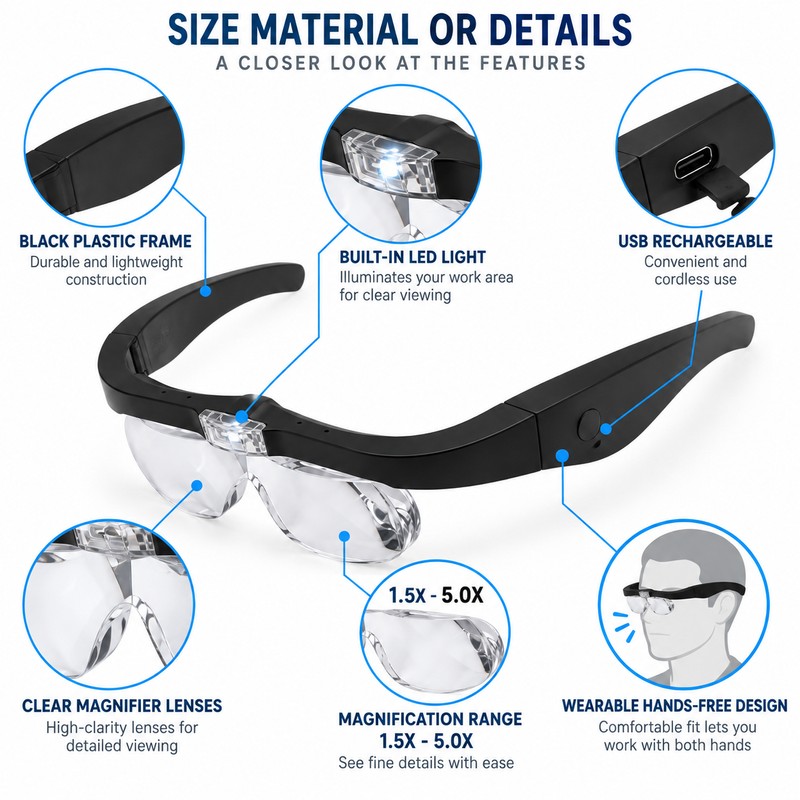 Rechargeable LED Magnifying Glasses for Detail Work – 1.5X–5X Interchangeable