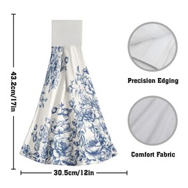 Chinoiserie Floral Hanging Kitchen Towels Set of 2,18x14 Inch Vintage Blue White Flowers Soft Absorbent Dish Cloth Tie Hand Towel for Home Washroom Hotel Spa Bathroom Decoration