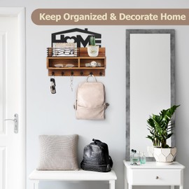 VIS'V Key Holder Wall Mount, Wooden Key Mail Holder Wall Decorative Key Rack Organizer with Shelf Mail Storage Basket with 6 Key Hooks 2 Compartments for Entryway Doorway Hallway - Brown