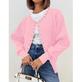 Kedera Pearl Trim Cardigan Spring Pink Sweater for Women Dressy 2025 Open Front Long Sleeve Beading Knit Outwear