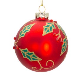 Kurt Adler 80MM Glass Red Berry and Holly Leaves 6-Piece Ball Ornament Set