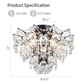 WUZUPS 5-Light Crystal Chandelier Flushmount Ceiling Light Modern Lighting Fixture for Bedroom Hallway Bar Kitchen Bathroom, H 12" W 15.4", E12 Base, Black