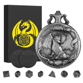 Mini DND Dice Set with Border Standing Dragon Pattern Pocket Watch Shell Case, DND Starter Set, 7pcs Polyhedral Mini Metal Dice Set, D&D Gifts with Gift Box, Role Playing Board Game Accessories,Silver