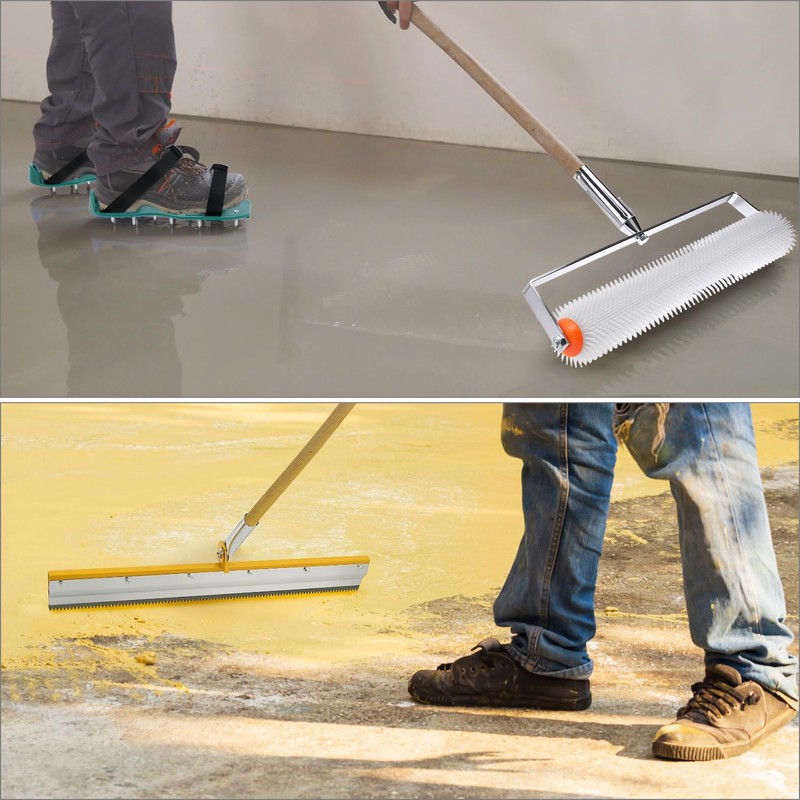 QWORK Self-Levelling Cement Tool Kit, Floor Construction Roller Spike Shoes,