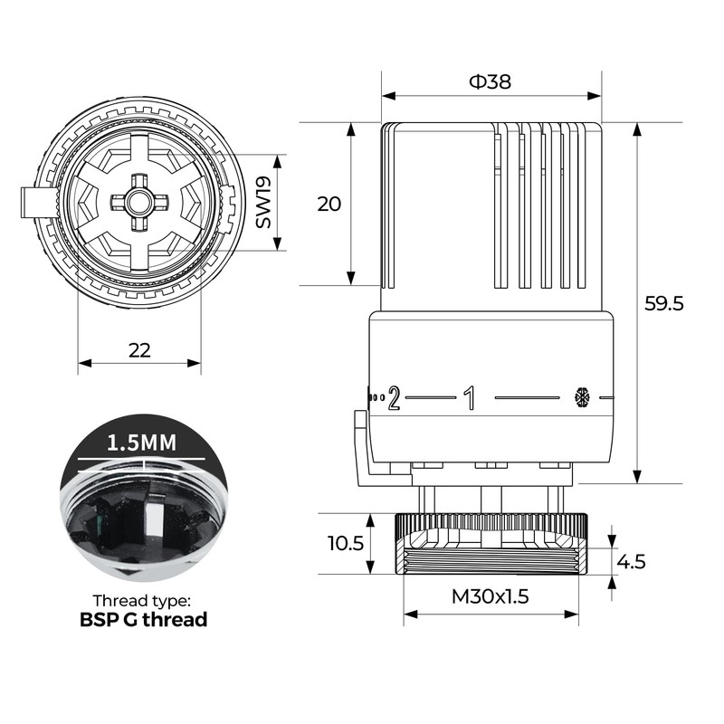 Vancoco Thermostatic Head Radiator Valve, Thermostat Heating, Heating Valve, Anthracite,